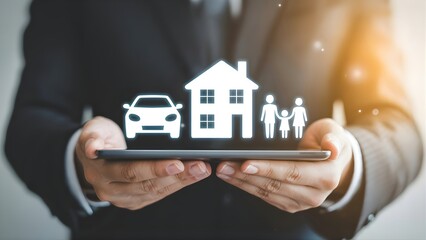 Tablet with icons of car, house, and family showing insurance and asset protection concept