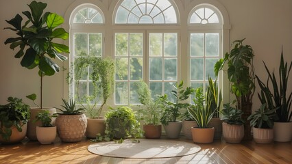 Indoor plants by arched window with natural light and woven rug in serene home setting