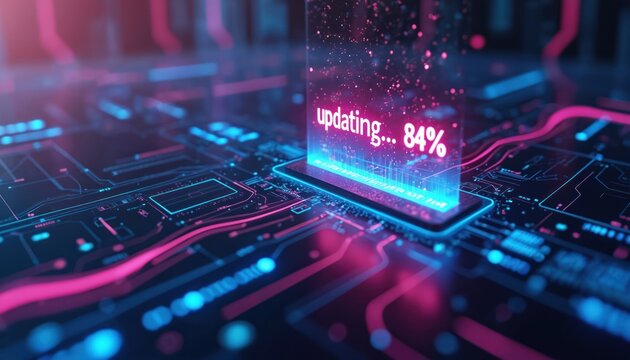 Abstract representation of a software update in progress on a futuristic digital interface. Holographic display shows progress bar with text updating. Vibrant neon lines on a circuit board background.