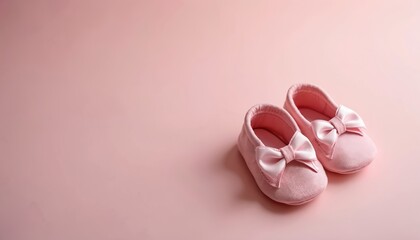 Pair of pink baby shoes with bows rests on pastel pink surface. Small footwear ideal for newborn girl outfit, infant clothing, and maternity concepts.