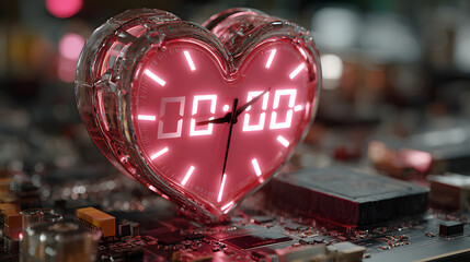 Futuristic heart-shaped digital clock on circuit board with glowing neon lights and bokeh effect, representing technology and love concept.