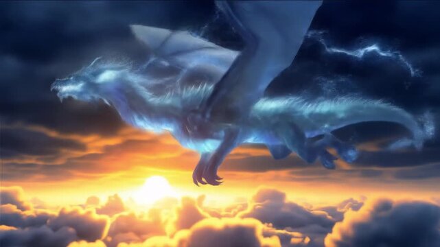 A majestic blue dragon glides above sunlit clouds at sunsetlit, wings spread, ethereal and powerful
