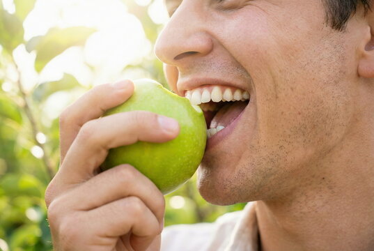 Close-up of a happy man taking a healthy bite from a fresh green apple outdoors, emphasizing natural wellness and organic eating.