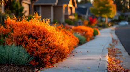 Vibrant orange and green shrubs line a residential pathway during autumn, with fallen leaves scattered on the ground and soft sunlight creating a warm glow.