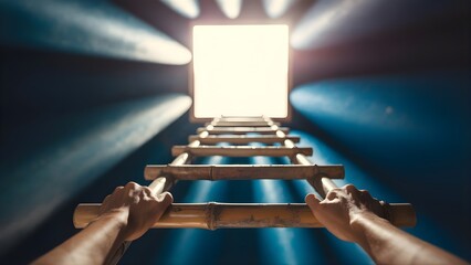 Hands climbing wooden ladder toward glowing square light showing goal and aspiration concept