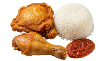 Fried chicken thigh and leg meal with fluffy white rice and sambal isolated on white background