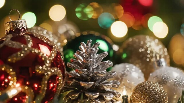 Close-up of festive Christmas tree decorations with sparkling baubles and a silver pinecone against a bokeh background of colorful lights. - Powered by Adobe