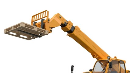 Detailed 3D Render of a yellow telescopic handler lifting a wooden pallet, industrial equipment isolated