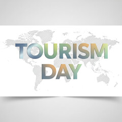 Modern Tourism Day Background with Abstract Typography and Subtle World Map &mdash; Wide Banner with Generous Copy Space Center