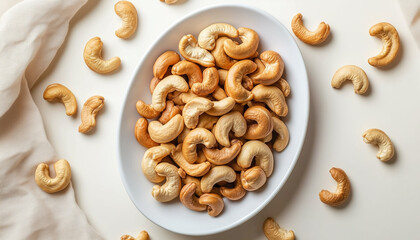 Fototapeta premium Top view of roasted cashew nuts arranged on white plate against beige background. Close-up shot texture, color of healthy snacks