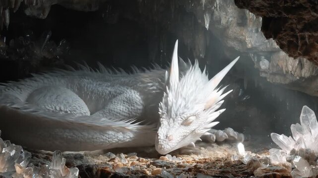 A white dragon curled among glittering ice crystals inside a shadowy crystal cavern, serene calmly