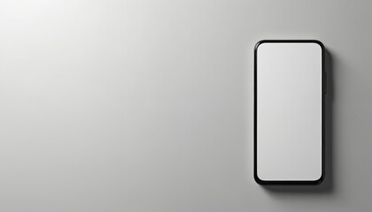 Blank screen smartphone rests on clean white surface, offering ample copy space. Modern tech device provides isolated template for design presentation. Mobile mock up suits app developers advertising.