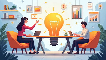 Team brainstorms new startup idea. Colleagues work together, analyze charts on laptops. Large glowing lightbulb symbolizes innovation and creativity for business growth and success in modern office.