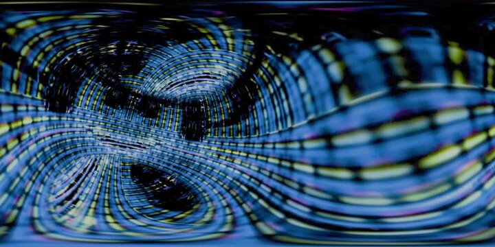 Abstract digital glitch waves in an immersive 360 VR technology background with flowing neon data streams.