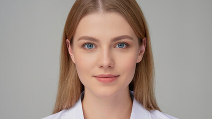 Fototapeta premium Close-up of a young caucasian blonde woman with blue eyes smiling slightly in a white shirt against a grey background
