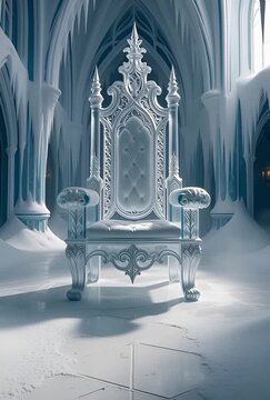 Elegant throne in icy grand hall with tall arches and intricate details