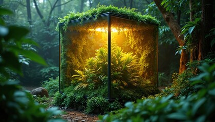 Glass cube structure with rich plants inside, illuminated by warm light in a natural forest setting. This promotes green tech, eco innovation, and sustainable business growth. Future concepts.