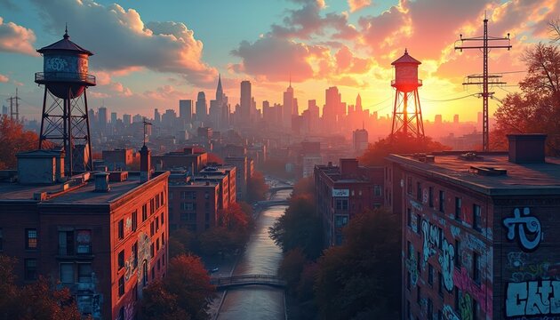 City skyline at sunset with graffiti on buildings and water towers. Warm light illuminates the urban landscape with a river and bridge. Power lines stand tall against the colorful sky.