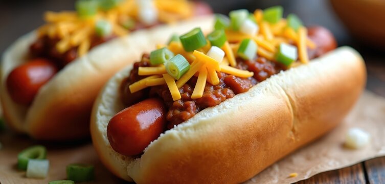Two chili dogs with cheese and onions sit on brown paper. The savory snacks look delicious ready to eat. A quick meal perfect for lunch or a party.