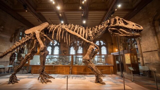 Towering colossal theropod skeleton looming in a museum hall,  illuminated by warm gallery lighting!
