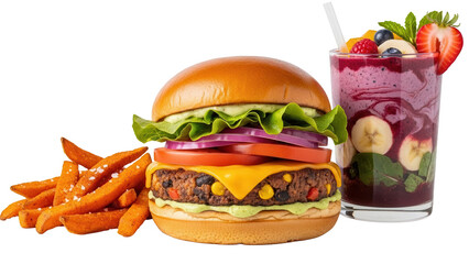 Veggie burger combo with sweet potato fries and a fresh fruit smoothie isolated on white background