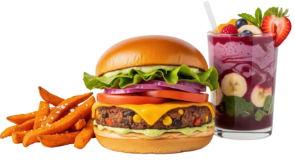 Veggie burger combo with sweet potato fries and a fresh fruit smoothie isolated on white background