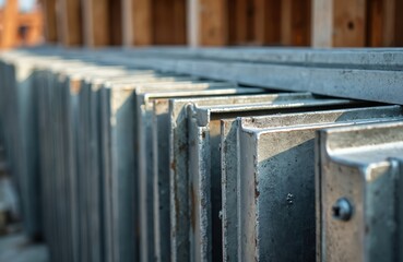 Galvanized steel formwork panels stand in a construction site. Metal beams are stacked outdoors near wooden structures. These elements create walls and support building projects.