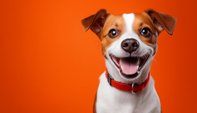 Small dog looks surprised with wide open eyes and mouth. This cute pet has a joyful and curious expression. It wears a red collar