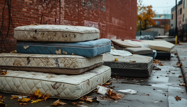 Many old dirty mattresses stacked along urban street next to brick building. Worn-out beds with visible stains form large messy pile on