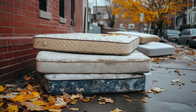 Many old dirty mattresses stacked along urban street next to brick building. Worn-out beds with visible stains form large messy pile on