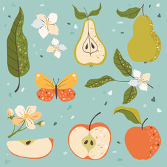 Decorative set of pears, apples, flowers, leaves, and a butterfly on a soft pastel background. Colored stylized set of whole and cut apples and pears in a playful style. Perfect for food themes