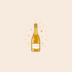 Bottle of champagne with sparkles around icon flat vector design.