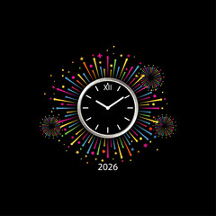 Clock with fireworks around icon flat vector design.