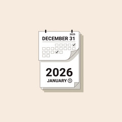 Calendar turning to 2026 icon flat vector design.