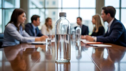 Glass water bottle on conference table during business meeting in bright office setting