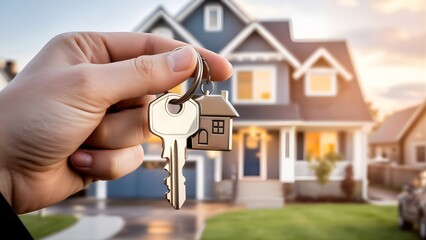 Hand holding house key with home-shaped keychain showing real estate and new ownership