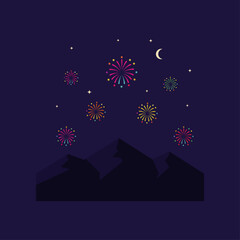 Fireworks above mountains icon flat vector design.