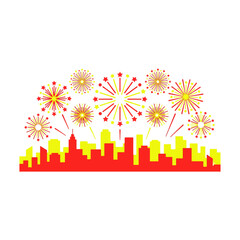 Fireworks over city skyline icon flat vector design.