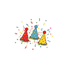 Party hats and confetti icon flat vector design.