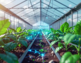 A digital interface showing plant growth data in a greenhouse, representing controlled environment agriculture with precision farming techniques and advanced greenhouse technology  
