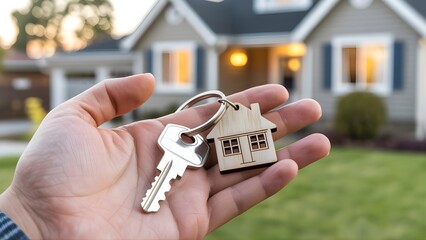 Hand holding house key with home-shaped keychain showing real estate and new ownership