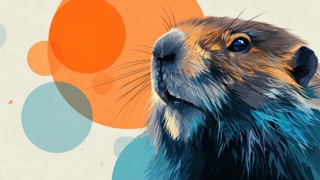 Colorful abstract portrait of a groundhog with geometric circles celebrating groundhog day