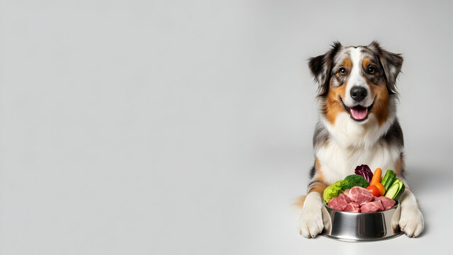 A healthy dog is smiling and excited to eat its fresh raw food diet consisting of meat, vegetables, and nutritious ingredients for a balanced meal.