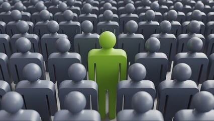 Green figure standing out in crowd of gray people showing uniqueness and leadership concept