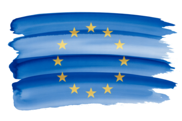 European Union flag art, a blue and yellow watercolor brush stroke with a circle of stars for global connection