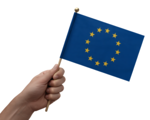 Hand proudly waving the European Union flag representing unity, partnership, and international collaboration on global stage