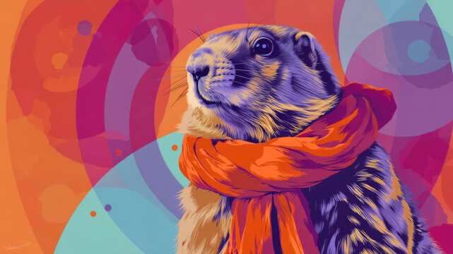 Colorful groundhog in red scarf against vibrant abstract background for groundhog day concept