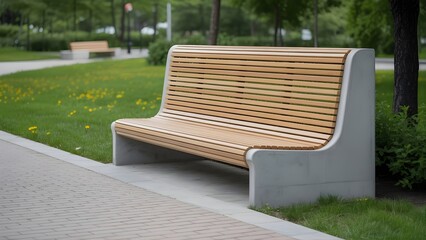 Curved concrete bench with wooden slats in scenic park with flowers and paved walkway
