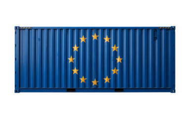 Shipping container with EU flag for global trade, ideal for illustrating international commerce, logistics, and European economy