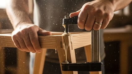 Close-up of Artisan Clamping Wooden Chair Components for Secure Assembly